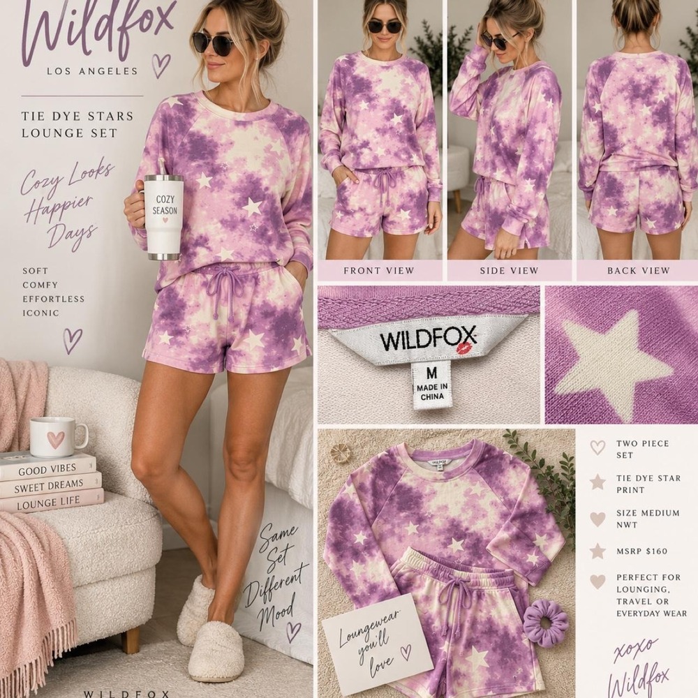 Wildfox tie dye star lounge set in purple & pink with white stars, size M
